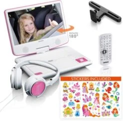 Lenco DVP-920PK - Tragbarer 9" DVD-Player Mit Kopfhörern, Fester Kopfstützenhalterung Und Sticker, Pink