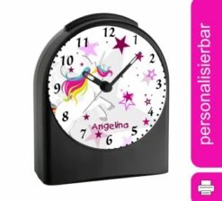 CreaDesign Kinder Funkwecker Personalisiert Mit Namen Einhorn Atom-/Funkuhr, 12-Stunden-Anzeigeformat, Schlummerfunktion, Nachtlicht, Geräuschlos/Ohne Ticken