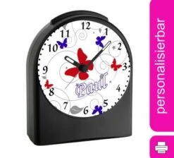 CreaDesign Kinder Funkwecker Personalisiert Mit Namen Schmetterling Ornamente Atom-/Funkuhr, 12-Stunden-Anzeigeformat, Schlummerfunktion, Nachtlicht, Geräuschlos/Ohne Ticken