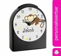 CreaDesign Kinder Funkwecker Personalisiert Mit Namen Affe Atom-/Funkuhr, 12-Stunden-Anzeigeformat, Schlummerfunktion, Nachtlicht, Geräuschlos/Ohne Ticken