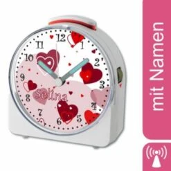 CreaDesign Kinder Funkwecker Weiß Personalisiert Mit Namen Herz Rot 12-Stunden-Anzeigeformat, Geräuschlos/Ohne Ticken, Nachtlicht