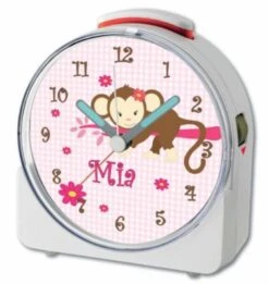 CreaDesign Kinder Funkwecker Weiß Personalisiert Mit Namen Affe Hängend Rosa 12-Stunden-Anzeigeformat, Geräuschlos/Ohne Ticken, Nachtlicht -Optimal Elektronik Geschäft 28901455 04