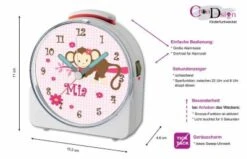 CreaDesign Kinder Funkwecker Weiß Personalisiert Mit Namen Affe Hängend Rosa 12-Stunden-Anzeigeformat, Geräuschlos/Ohne Ticken, Nachtlicht -Optimal Elektronik Geschäft 28901455 05