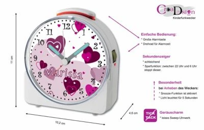 CreaDesign Kinder Funkwecker Weiß Personalisiert Mit Namen Herz Brombeere 12-Stunden-Anzeigeformat, Geräuschlos/Ohne Ticken, Nachtlicht 2 CreaDesign Kinder Funkwecker Weiß Personalisiert Mit Namen Herz Brombeere 12-Stunden-Anzeigeformat, Geräuschlos/Ohne Ticken, Nachtlicht – Bild 2