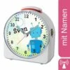 CreaDesign Kinder Funkwecker Weiß Personalisiert Mit Namen Roboter Blau 12-Stunden-Anzeigeformat, Geräuschlos/Ohne Ticken, Nachtlicht