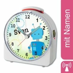 CreaDesign Kinder Funkwecker Weiß Personalisiert Mit Namen Roboter Blau 12-Stunden-Anzeigeformat, Geräuschlos/Ohne Ticken, Nachtlicht