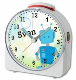 CreaDesign Kinder Funkwecker Weiß Personalisiert Mit Namen Roboter Blau 12-Stunden-Anzeigeformat, Geräuschlos/Ohne Ticken, Nachtlicht -Optimal Elektronik Geschäft 28901498 03