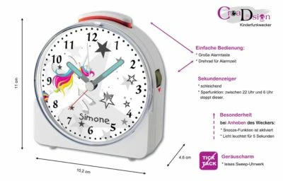 CreaDesign Kinder Funkwecker Weiß Personalisiert Mit Namen Einhorn Grau 12-Stunden-Anzeigeformat, Geräuschlos/Ohne Ticken, Nachtlicht 2 CreaDesign Kinder Funkwecker Weiß Personalisiert Mit Namen Einhorn Grau 12-Stunden-Anzeigeformat, Geräuschlos/Ohne Ticken, Nachtlicht – Bild 2