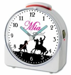 CreaDesign Kinder Funkwecker Weiß Personalisiert Mit Namen Cowboy Pferd Schwarz Pink 12-Stunden-Anzeigeformat, Geräuschlos/Ohne Ticken, Nachtlicht -Optimal Elektronik Geschäft 28901582 03