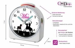 CreaDesign Kinder Funkwecker Weiß Personalisiert Mit Namen Cowboy Pferd Schwarz Pink 12-Stunden-Anzeigeformat, Geräuschlos/Ohne Ticken, Nachtlicht -Optimal Elektronik Geschäft 28901582 05