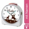CreaDesign Kinder Funkwecker Weiß Personalisiert Mit Namen Cowboy Pferd Braun 12-Stunden-Anzeigeformat, Geräuschlos/Ohne Ticken, Nachtlicht