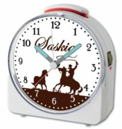 CreaDesign Kinder Funkwecker Weiß Personalisiert Mit Namen Cowboy Pferd Braun 12-Stunden-Anzeigeformat, Geräuschlos/Ohne Ticken, Nachtlicht -Optimal Elektronik Geschäft 28901590 03