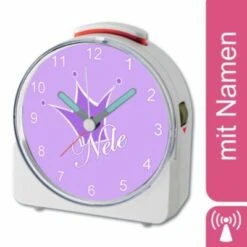 CreaDesign Kinder Funkwecker Weiß Personalisiert Mit Namen Krone Lila 12-Stunden-Anzeigeformat, Geräuschlos/Ohne Ticken, Nachtlicht