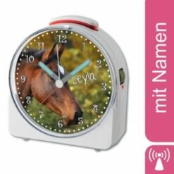 CreaDesign Kinder Funkwecker Weiß Personalisiert Mit Namen Vollblut 12-Stunden-Anzeigeformat, Geräuschlos/Ohne Ticken, Nachtlicht