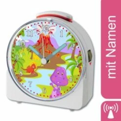 CreaDesign Kinder Funkwecker Weiß Personalisiert Mit Namen Dino 12-Stunden-Anzeigeformat, Geräuschlos/Ohne Ticken, Nachtlicht
