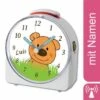 CreaDesign Kinder Funkwecker Weiß Personalisiert Mit Namen Teddy 12-Stunden-Anzeigeformat, Geräuschlos/Ohne Ticken, Nachtlicht