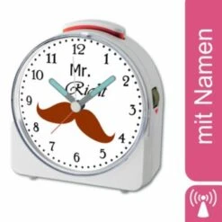 CreaDesign Kinder Funkwecker Weiß Personalisiert Mit Namen Jungen Bart 12-Stunden-Anzeigeformat, Geräuschlos/Ohne Ticken, Nachtlicht