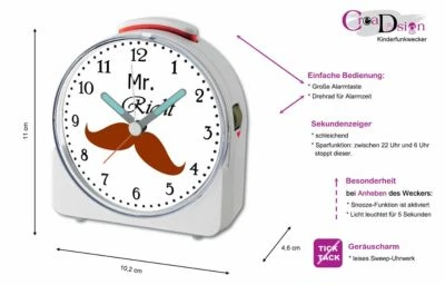 CreaDesign Kinder Funkwecker Weiß Personalisiert Mit Namen Jungen Bart 12-Stunden-Anzeigeformat, Geräuschlos/Ohne Ticken, Nachtlicht 2 CreaDesign Kinder Funkwecker Weiß Personalisiert Mit Namen Jungen Bart 12-Stunden-Anzeigeformat, Geräuschlos/Ohne Ticken, Nachtlicht – Bild 2