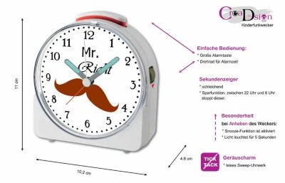 CreaDesign Kinder Funkwecker Weiß Personalisiert Mit Namen Jungen Bart 12-Stunden-Anzeigeformat, Geräuschlos/Ohne Ticken, Nachtlicht 5 CreaDesign Kinder Funkwecker Weiß Personalisiert Mit Namen Jungen Bart 12-Stunden-Anzeigeformat, Geräuschlos/Ohne Ticken, Nachtlicht – Bild 5