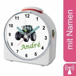 CreaDesign Kinder Funkwecker Weiß Personalisiert Mit Namen Traktor 12-Stunden-Anzeigeformat, Geräuschlos/Ohne Ticken, Nachtlicht