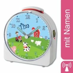 CreaDesign Kinder Funkwecker Weiß Personalisiert Mit Namen Bauernhof 12-Stunden-Anzeigeformat, Geräuschlos/Ohne Ticken, Nachtlicht