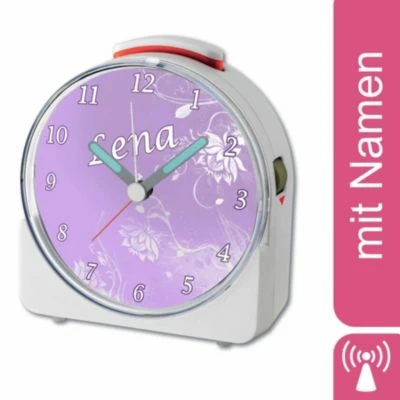 CreaDesign Kinder Funkwecker Weiß Personalisiert Mit Namen Blume Lila 12-Stunden-Anzeigeformat, Geräuschlos/Ohne Ticken, Nachtlicht 1 CreaDesign Kinder Funkwecker Weiß Personalisiert Mit Namen Blume Lila 12-Stunden-Anzeigeformat, Geräuschlos/Ohne Ticken, Nachtlicht