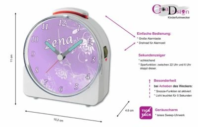 CreaDesign Kinder Funkwecker Weiß Personalisiert Mit Namen Blume Lila 12-Stunden-Anzeigeformat, Geräuschlos/Ohne Ticken, Nachtlicht 2 CreaDesign Kinder Funkwecker Weiß Personalisiert Mit Namen Blume Lila 12-Stunden-Anzeigeformat, Geräuschlos/Ohne Ticken, Nachtlicht – Bild 2