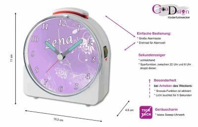 CreaDesign Kinder Funkwecker Weiß Personalisiert Mit Namen Blume Lila 12-Stunden-Anzeigeformat, Geräuschlos/Ohne Ticken, Nachtlicht 5 CreaDesign Kinder Funkwecker Weiß Personalisiert Mit Namen Blume Lila 12-Stunden-Anzeigeformat, Geräuschlos/Ohne Ticken, Nachtlicht – Bild 5