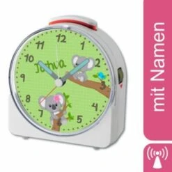 CreaDesign Kinder Funkwecker Weiß Personalisiert Mit Namen Koala 12-Stunden-Anzeigeformat, Geräuschlos/Ohne Ticken, Nachtlicht