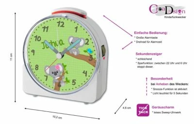 CreaDesign Kinder Funkwecker Weiß Personalisiert Mit Namen Koala 12-Stunden-Anzeigeformat, Geräuschlos/Ohne Ticken, Nachtlicht 2 CreaDesign Kinder Funkwecker Weiß Personalisiert Mit Namen Koala 12-Stunden-Anzeigeformat, Geräuschlos/Ohne Ticken, Nachtlicht – Bild 2