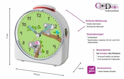 CreaDesign Kinder Funkwecker Weiß Personalisiert Mit Namen Koala 12-Stunden-Anzeigeformat, Geräuschlos/Ohne Ticken, Nachtlicht 5 CreaDesign Kinder Funkwecker Weiß Personalisiert Mit Namen Koala 12-Stunden-Anzeigeformat, Geräuschlos/Ohne Ticken, Nachtlicht – Bild 5